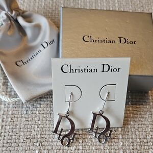 Dior Silver Trotter Logo Drop Earrings W/CoA + Packaging